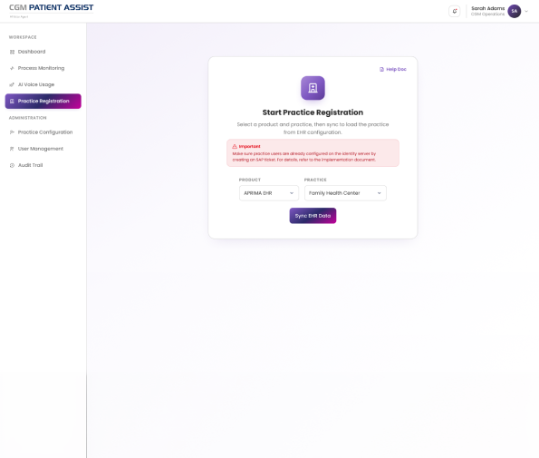Practice registration — sync a practice from EHR configuration