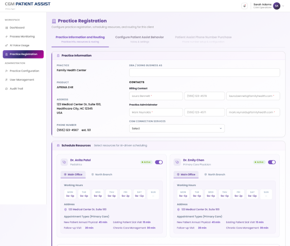 Practice registration — information, schedule resources and routing