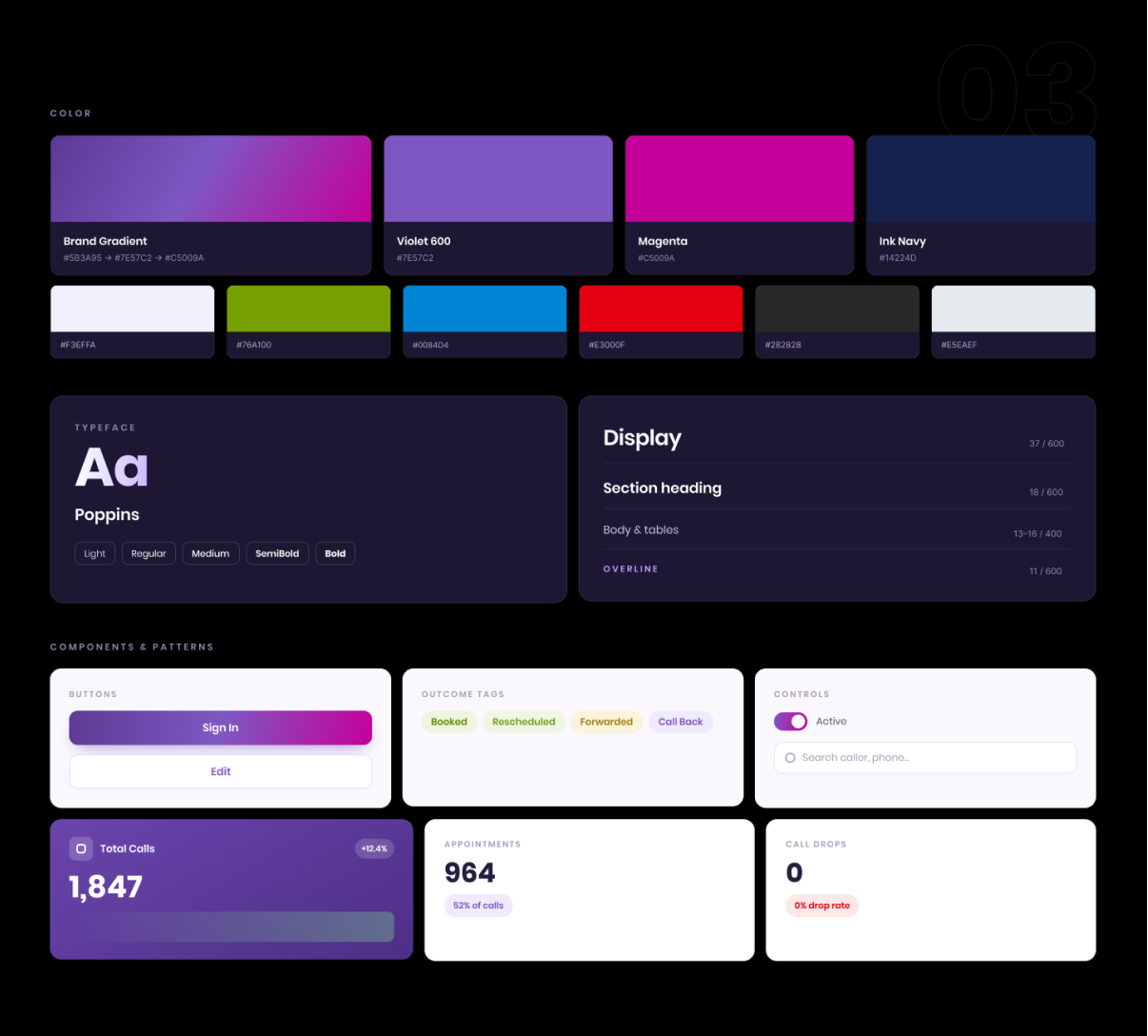 AI voice agent design system — colour, typography and components