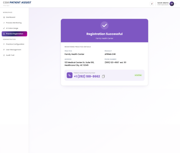 Registration successful — practice live with its Patient Assist number