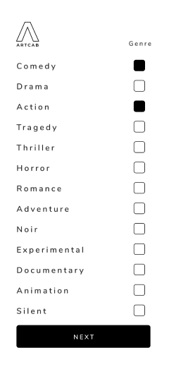 Artcab onboarding — pick your genres