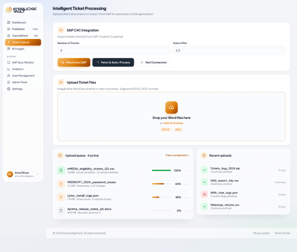 Intelligent ticket processing — upload and auto-generate articles