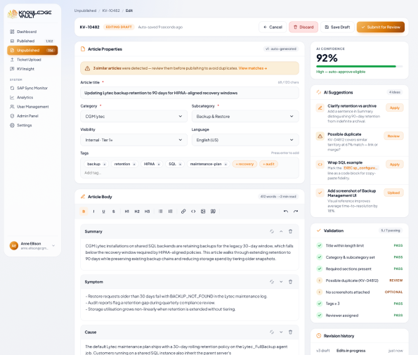 Article editor — AI draft with validation and suggestions