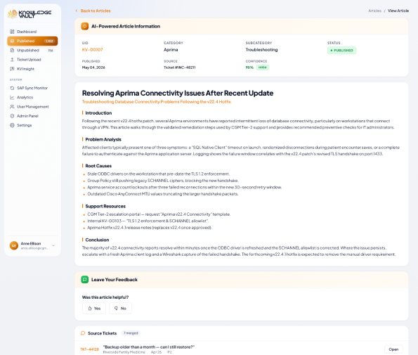 Published article view with source tickets and feedback