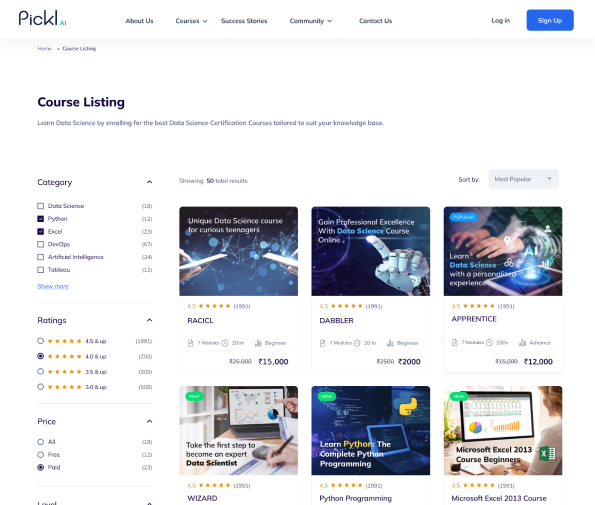 Pickl.AI course listing with filters