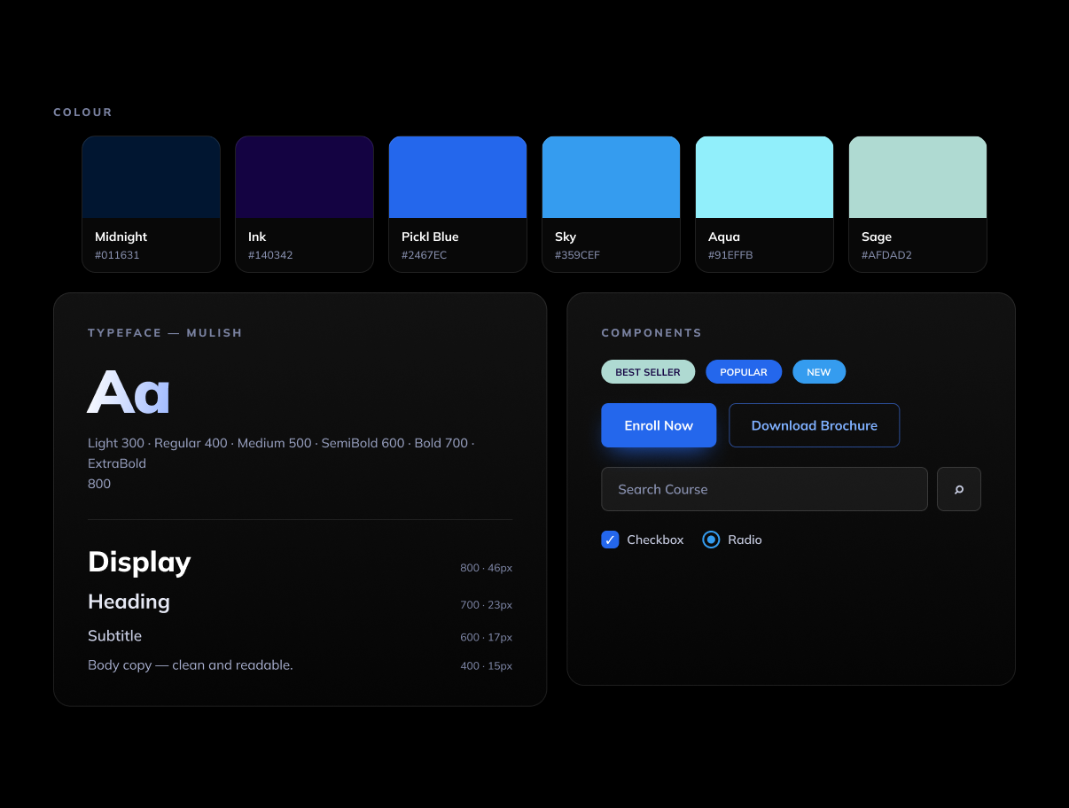 Pickl.AI design system — colour palette, Mulish typography and components