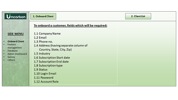 Uncarbon wireframe — onboard client fields